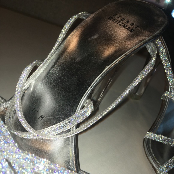 NWOT Stuart Weitzman Strappy Silver Heels - Picture 2 of 6